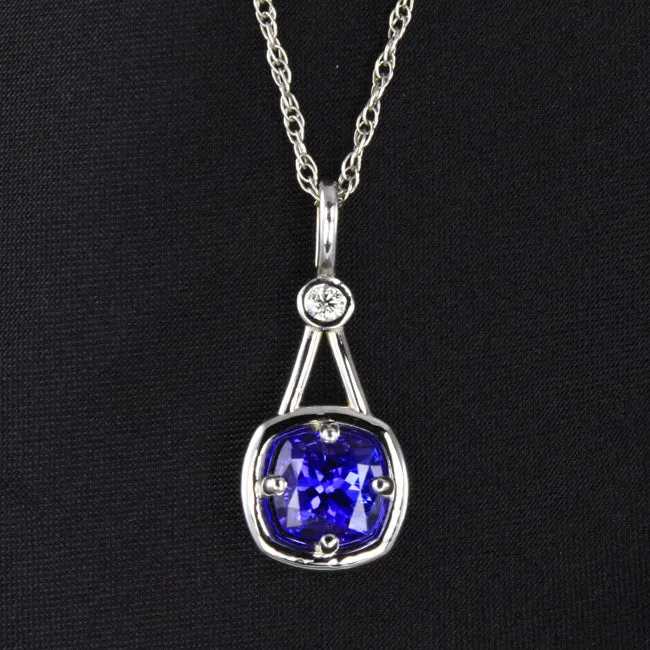 14K White Gold Square Cushion Tanzanite Pendant with Diamond Accent 1.87 Carats
