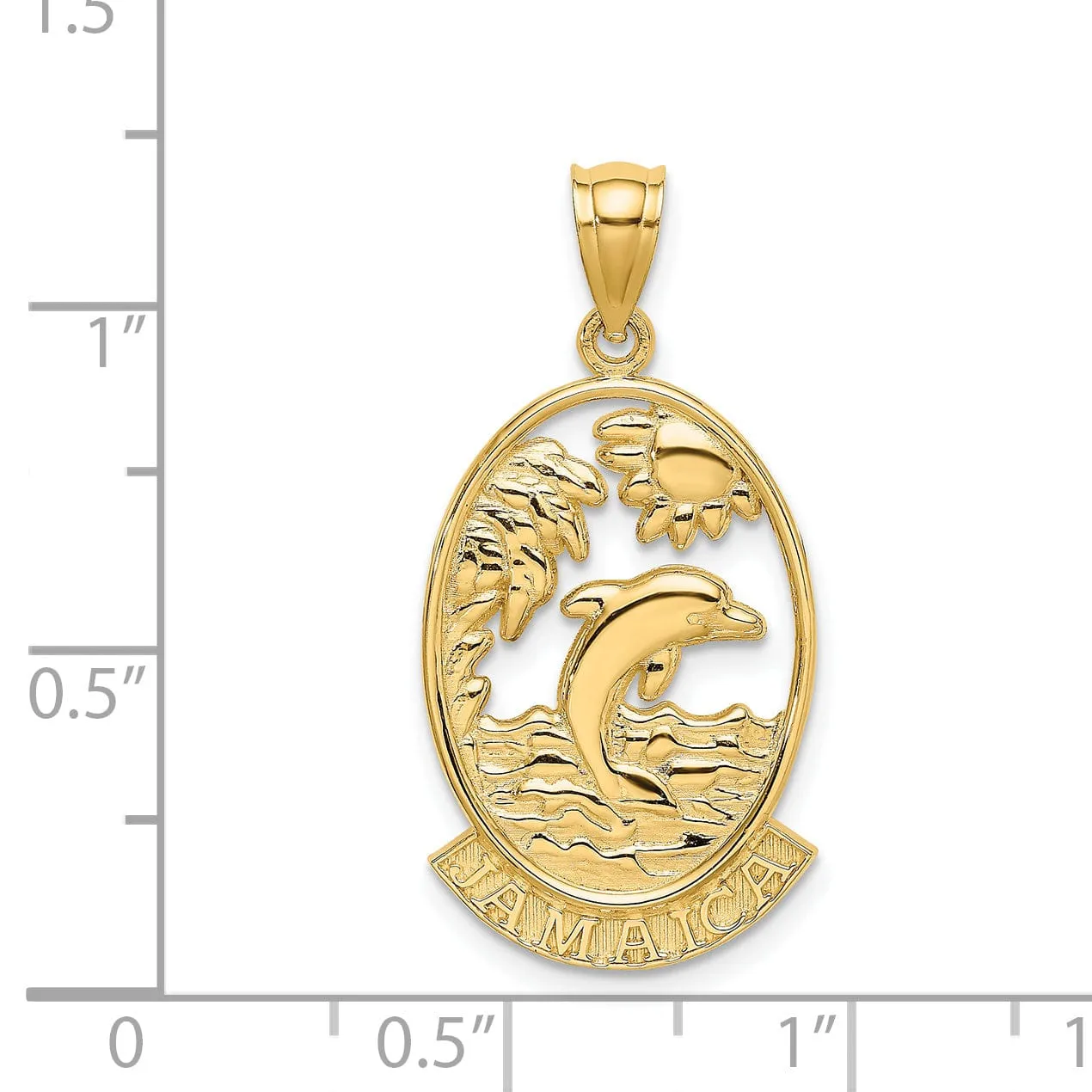14K Yellow Gold Polished Finish JAMAICA with Dolphins, Waves, Sunshine Scene Back Ground Oval Shape Charm Pendant