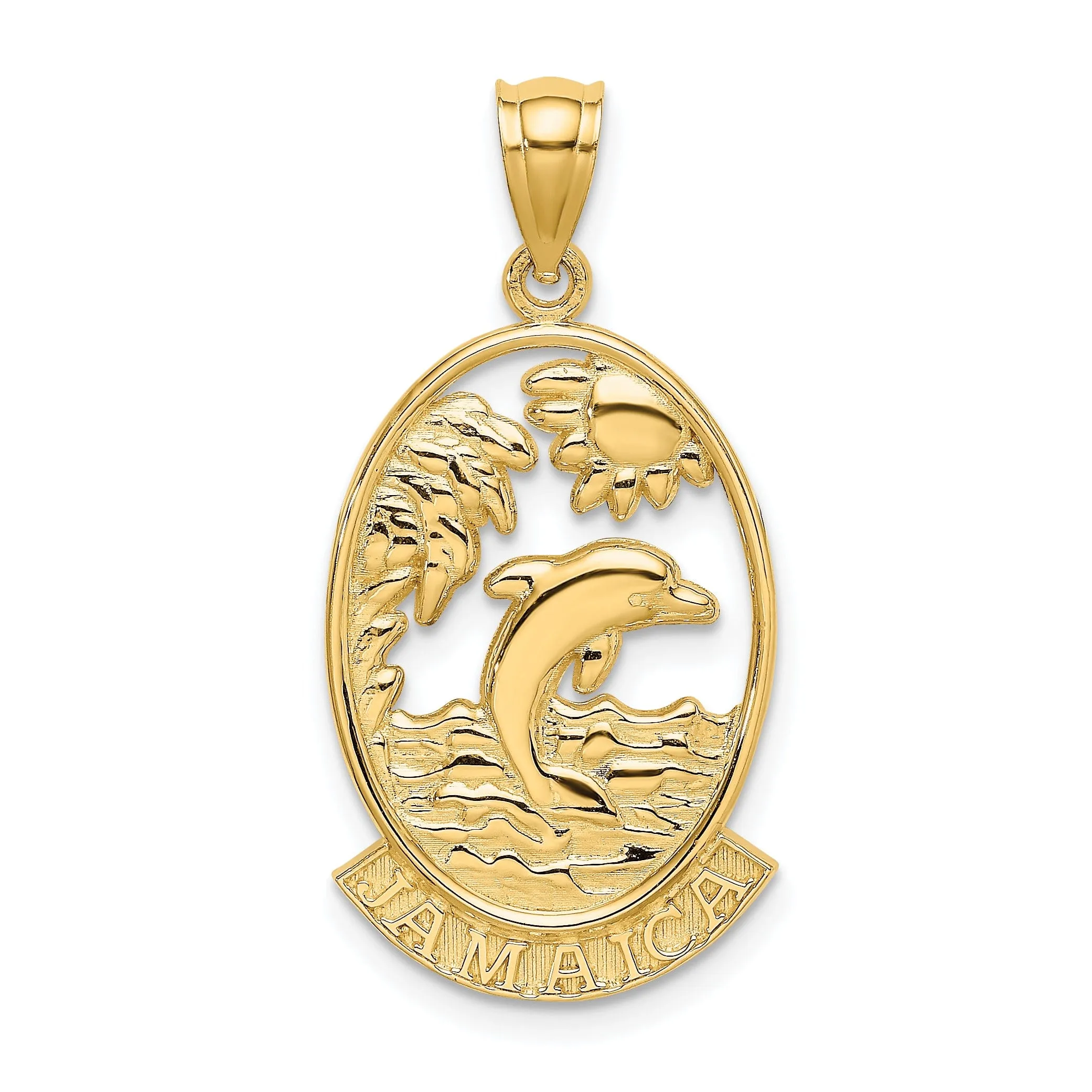 14K Yellow Gold Polished Finish JAMAICA with Dolphins, Waves, Sunshine Scene Back Ground Oval Shape Charm Pendant