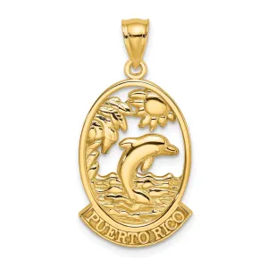 14K Yellow Gold Polished Finish PUERTO RICO with Dolphin Sunset Scene Design Oval Shape Charm Pendant