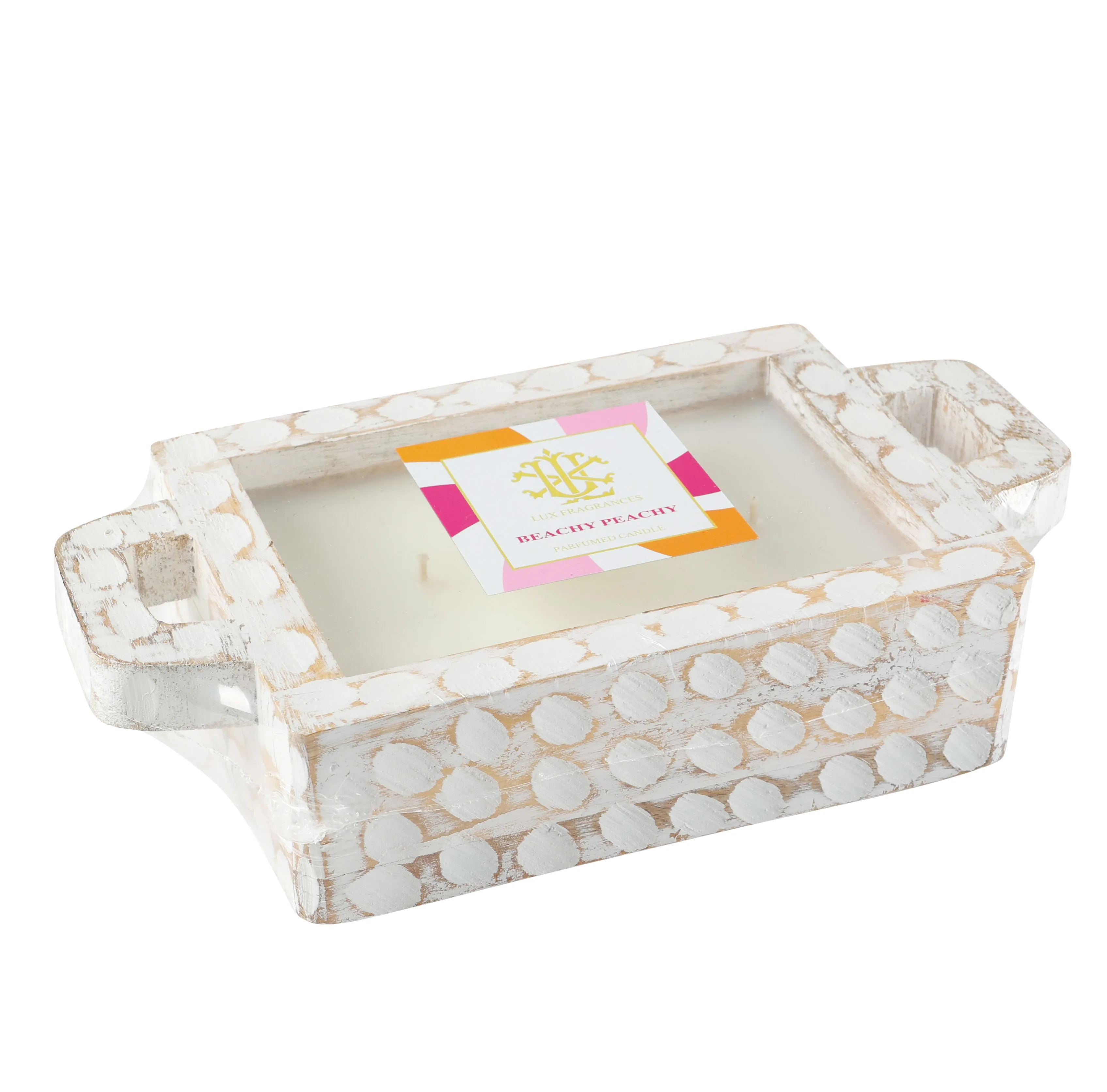 $15.00 min 4 - BEACHY PEACHY SANGRIA WHITEWASHED RECTANGLE CANDLE