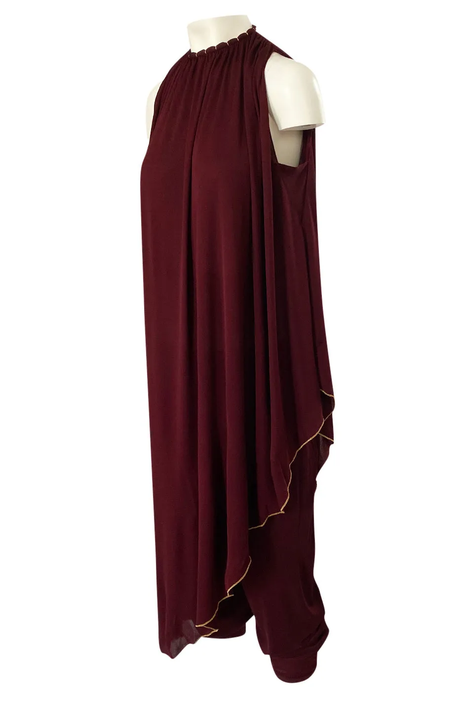 1970s Holly's Harp Deep Burgundy & Gold Silk Jersey Dress w Harem Pant Set