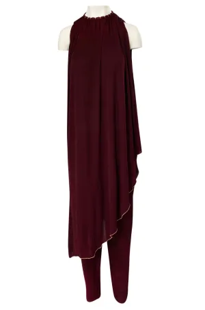 1970s Holly's Harp Deep Burgundy & Gold Silk Jersey Dress w Harem Pant Set