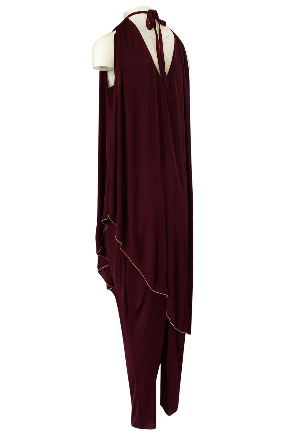 1970s Holly's Harp Deep Burgundy & Gold Silk Jersey Dress w Harem Pant Set