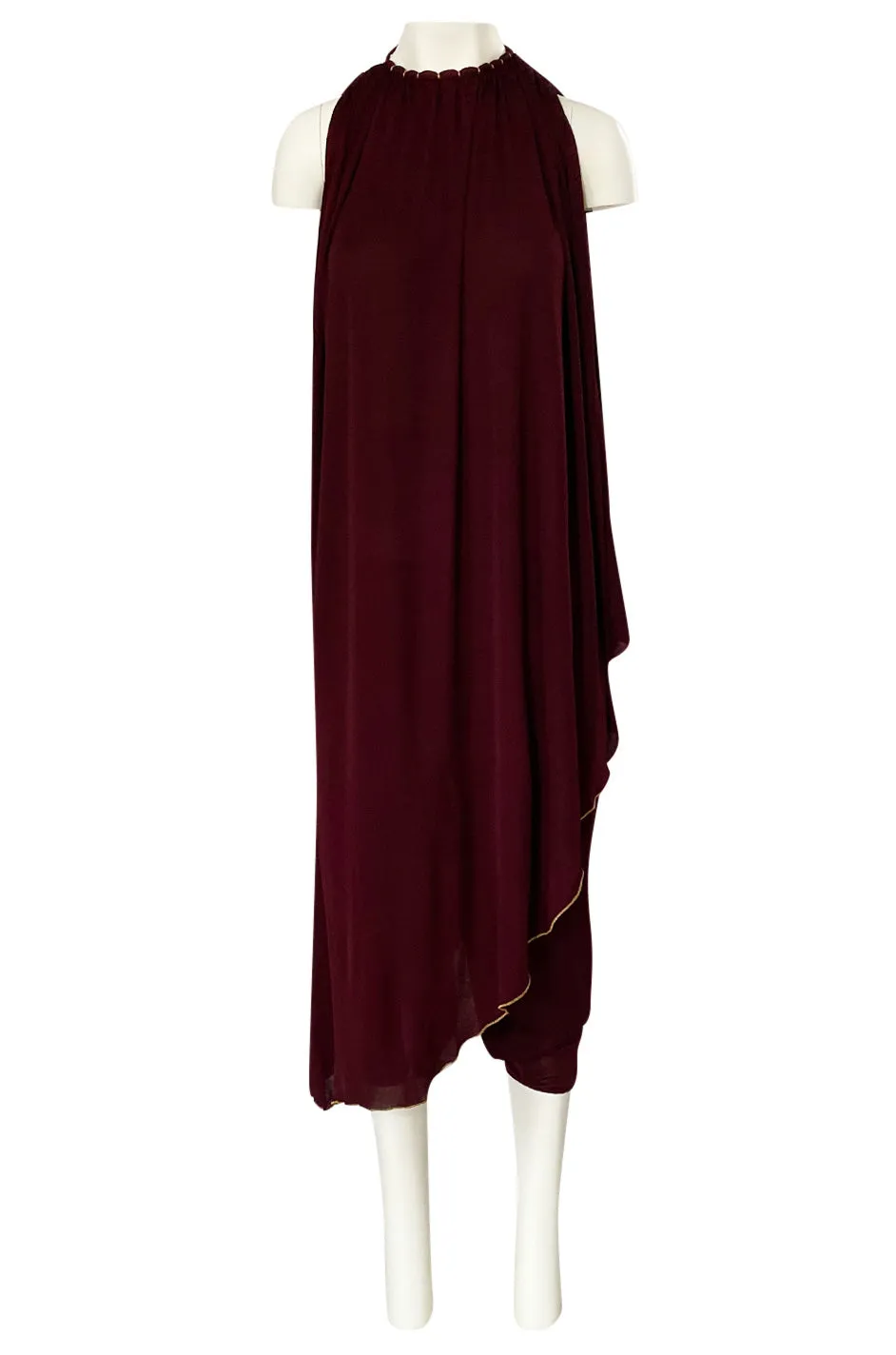 1970s Holly's Harp Deep Burgundy & Gold Silk Jersey Dress w Harem Pant Set