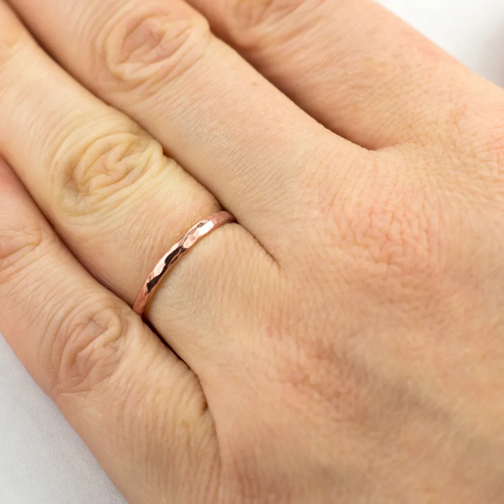 2mm Wide x 1.7mm Thick, 14k Rose Gold Half Round Wedding Band, Hammered Polished