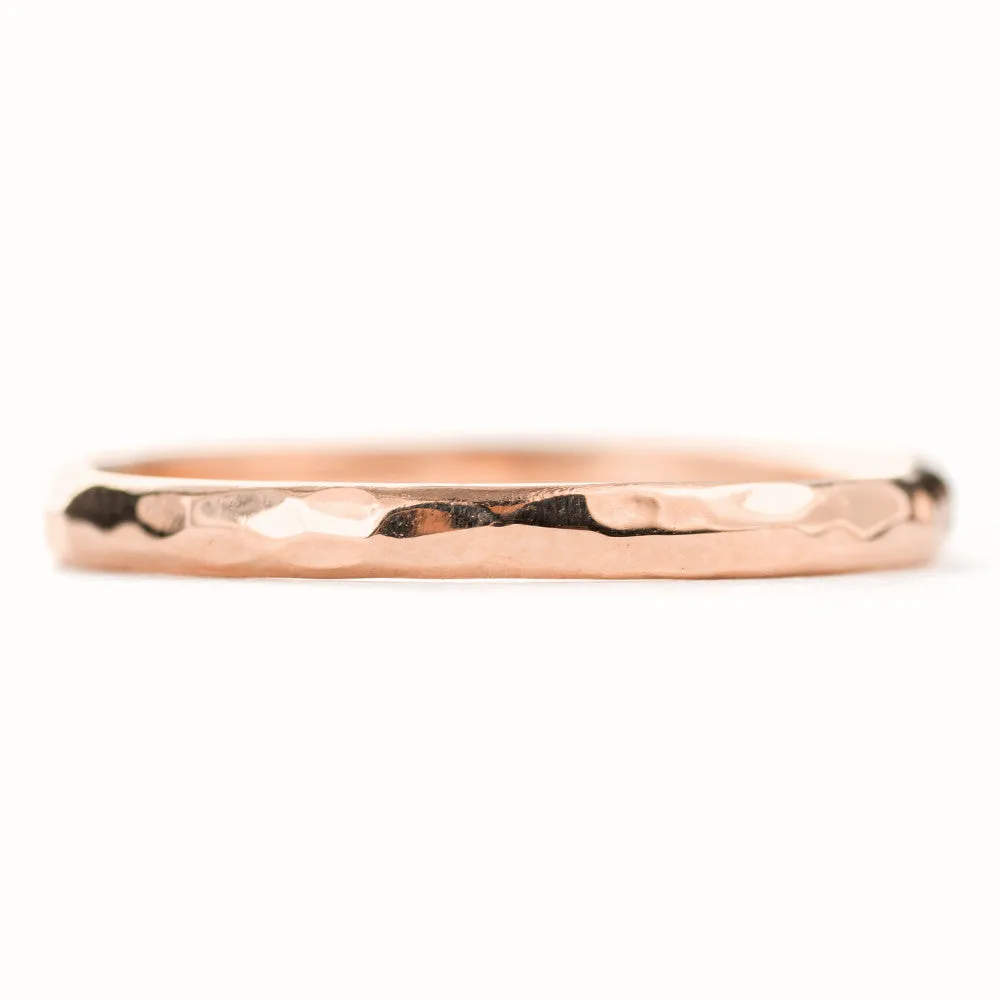 2mm Wide x 1.7mm Thick, 14k Rose Gold Half Round Wedding Band, Hammered Polished