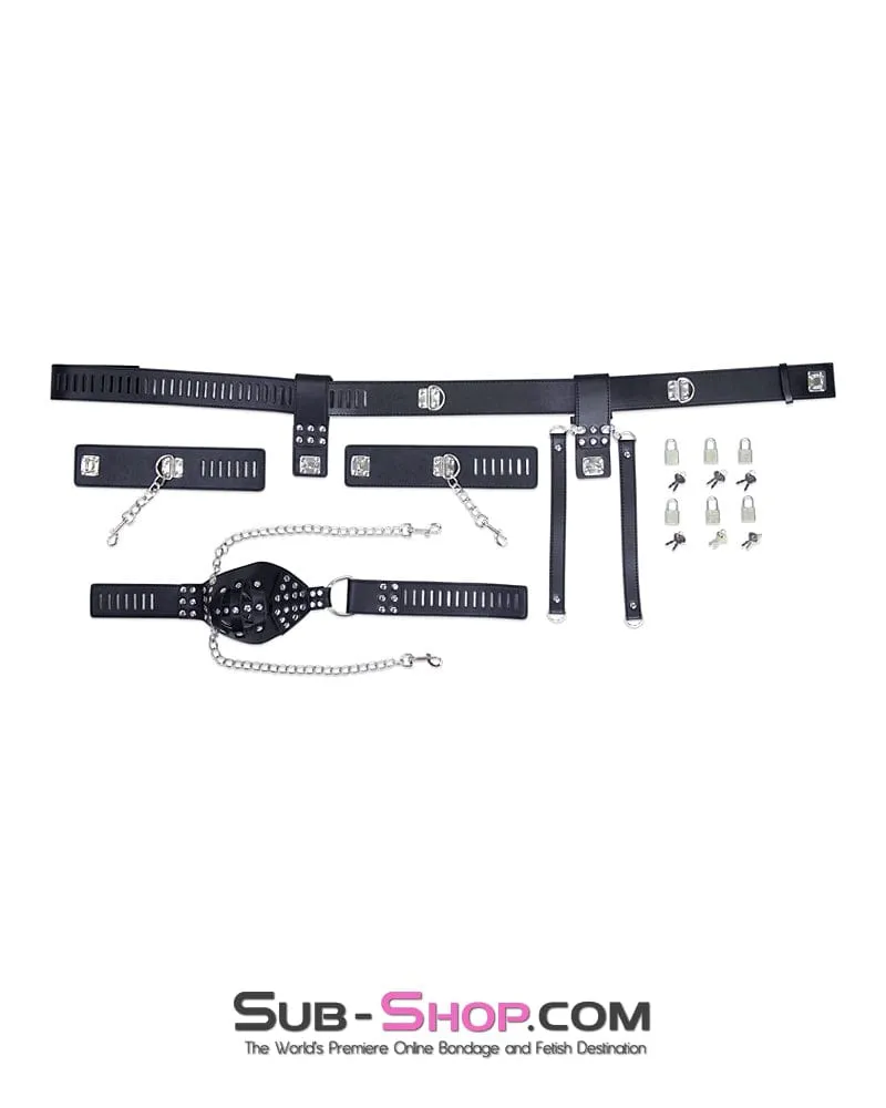 7215M-SIS      Locking Male Sissy Chastity Cage Belt with Chained Locking Wrist Cuffs