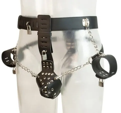 7215M-SIS      Locking Male Sissy Chastity Cage Belt with Chained Locking Wrist Cuffs
