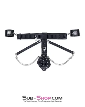 7215M-SIS      Locking Male Sissy Chastity Cage Belt with Chained Locking Wrist Cuffs