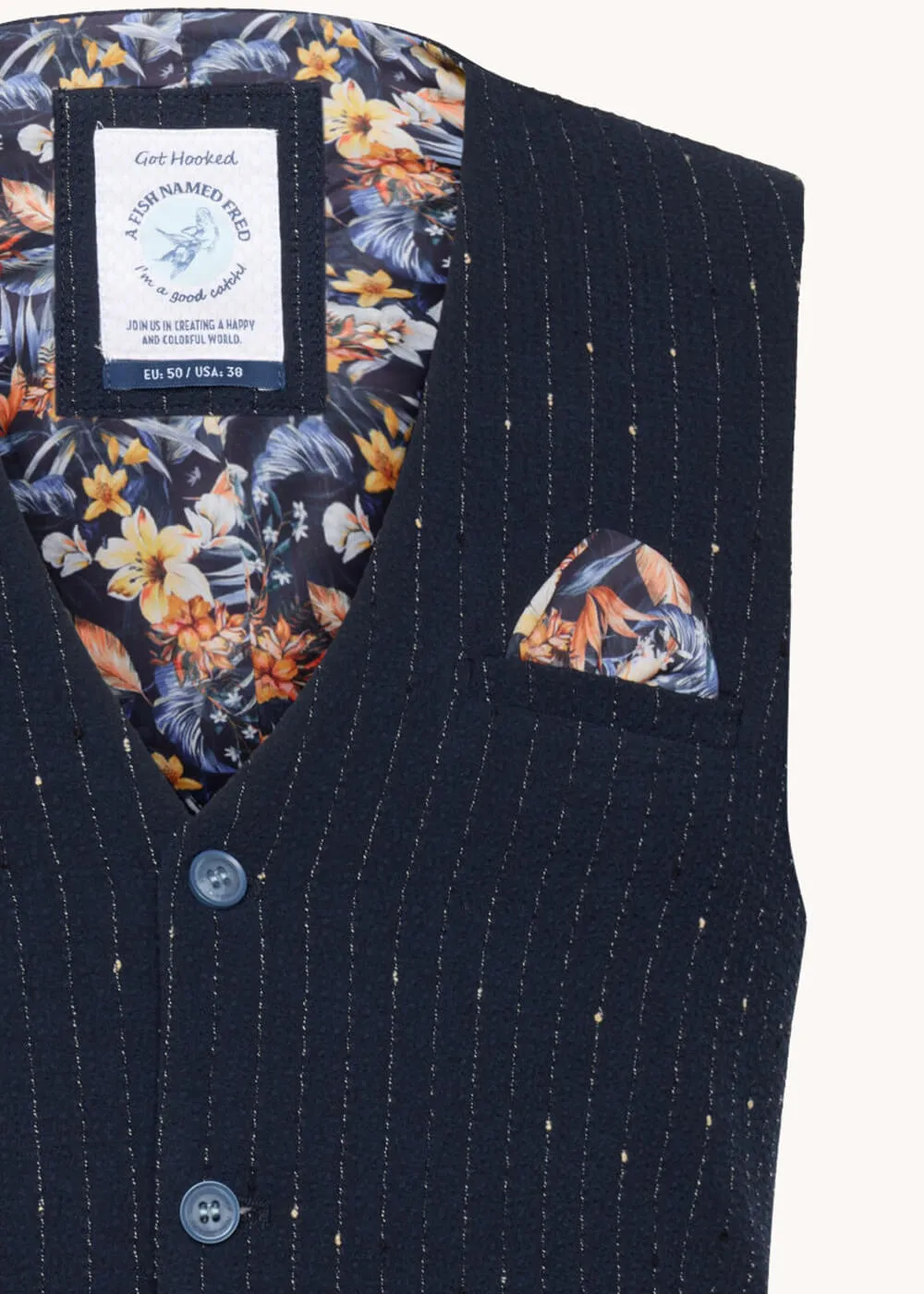 A Fish Named Fred Seersucker Waistcoat Navy