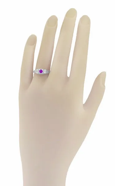Art Deco Amethyst and Diamond Filigree Promise Ring in 14 Karat White Gold