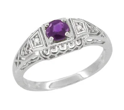Art Deco Amethyst and Diamond Filigree Promise Ring in 14 Karat White Gold