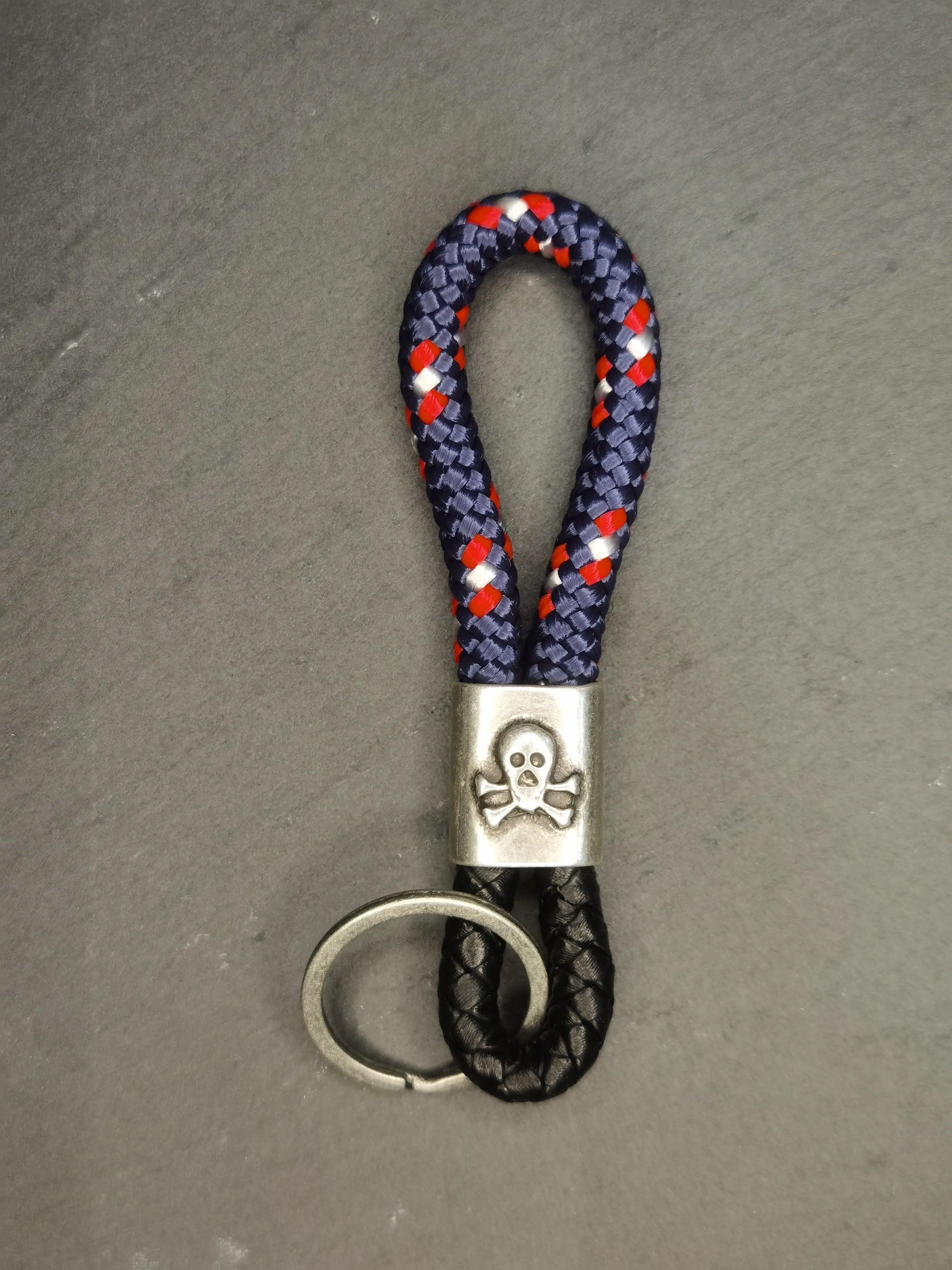 Black Braided Leather Skull Keychain