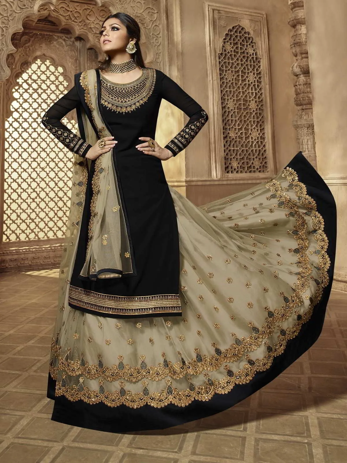 Black Golden Embroidered Party Wear Lehenga Suit