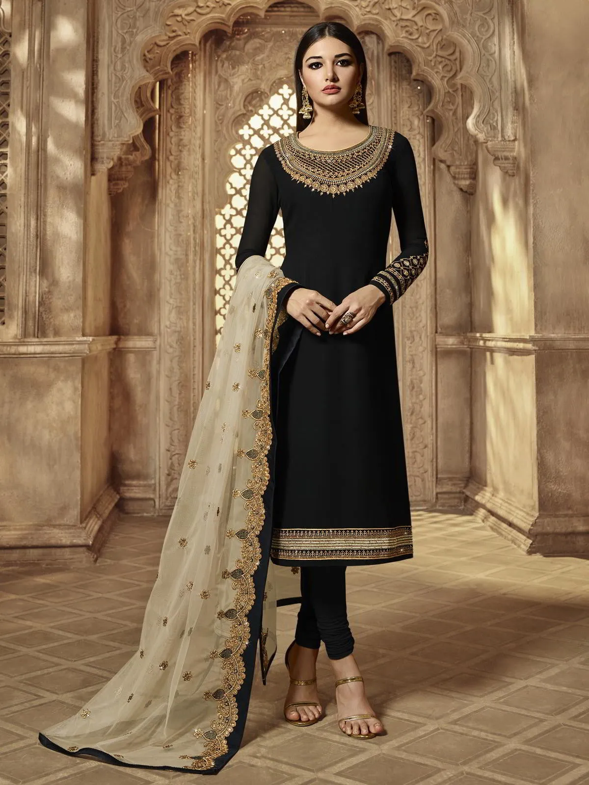 Black Golden Embroidered Party Wear Lehenga Suit