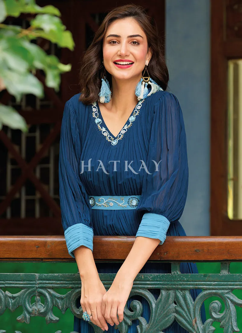 Blue Ombré Minimalist Embroidered Crushed Gown
