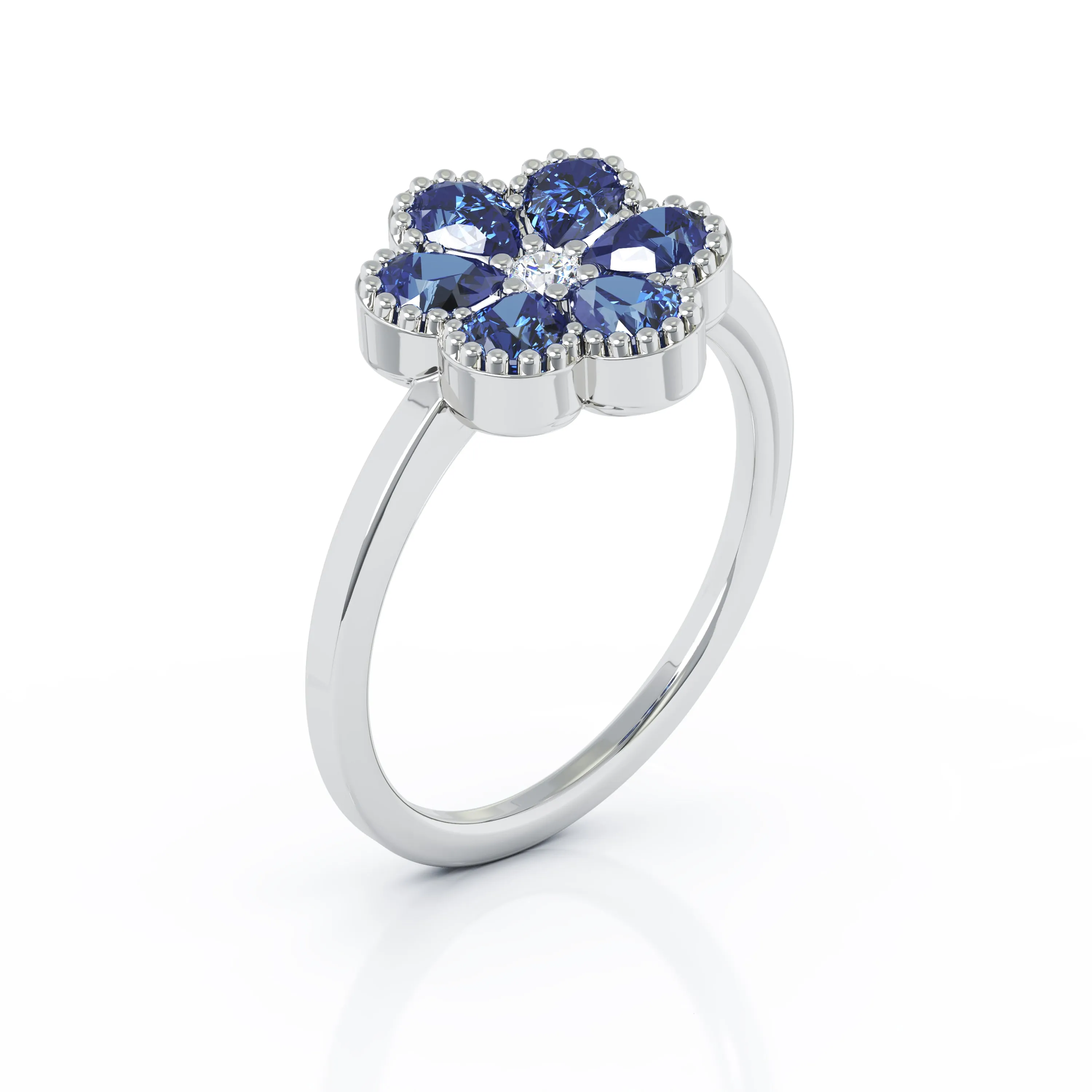 Blue Sapphire & Diamond Cluster Flower Ring Special in 14K Gold