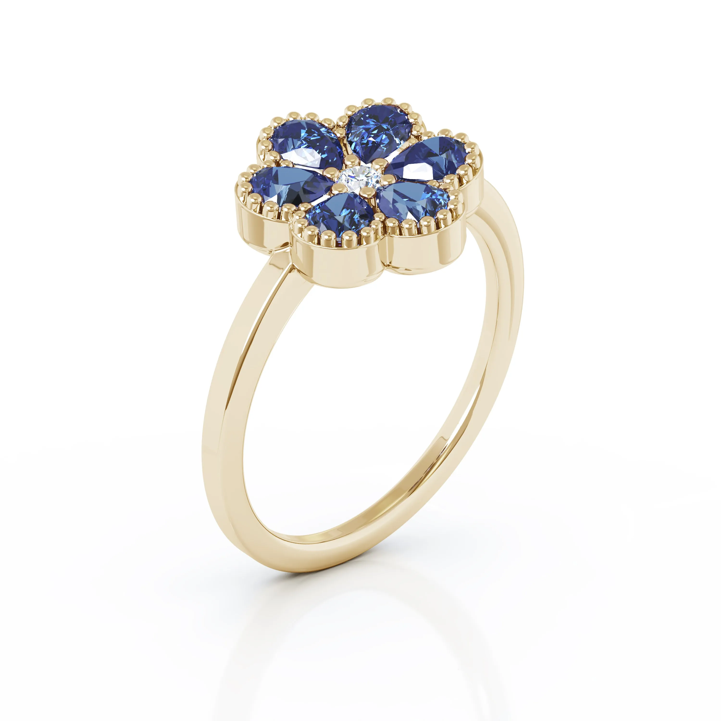 Blue Sapphire & Diamond Cluster Flower Ring Special in 14K Gold