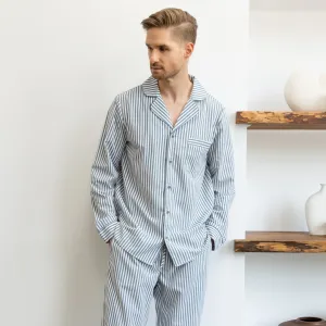 Blue Striped Poplin Men's PJ Set