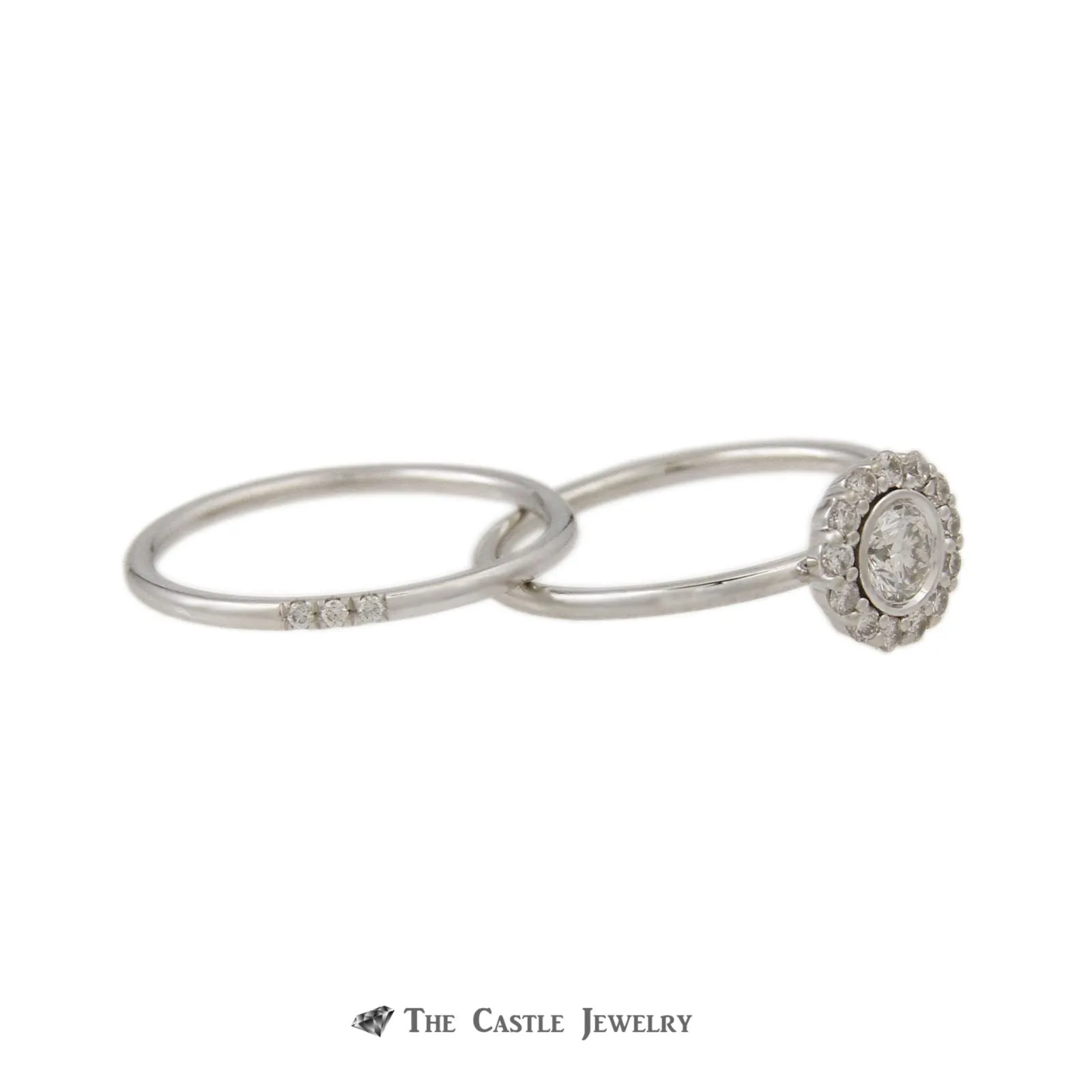 Bridal Set Round Bezel Set Diamond Center Round Diamond Halo 14K White Gold