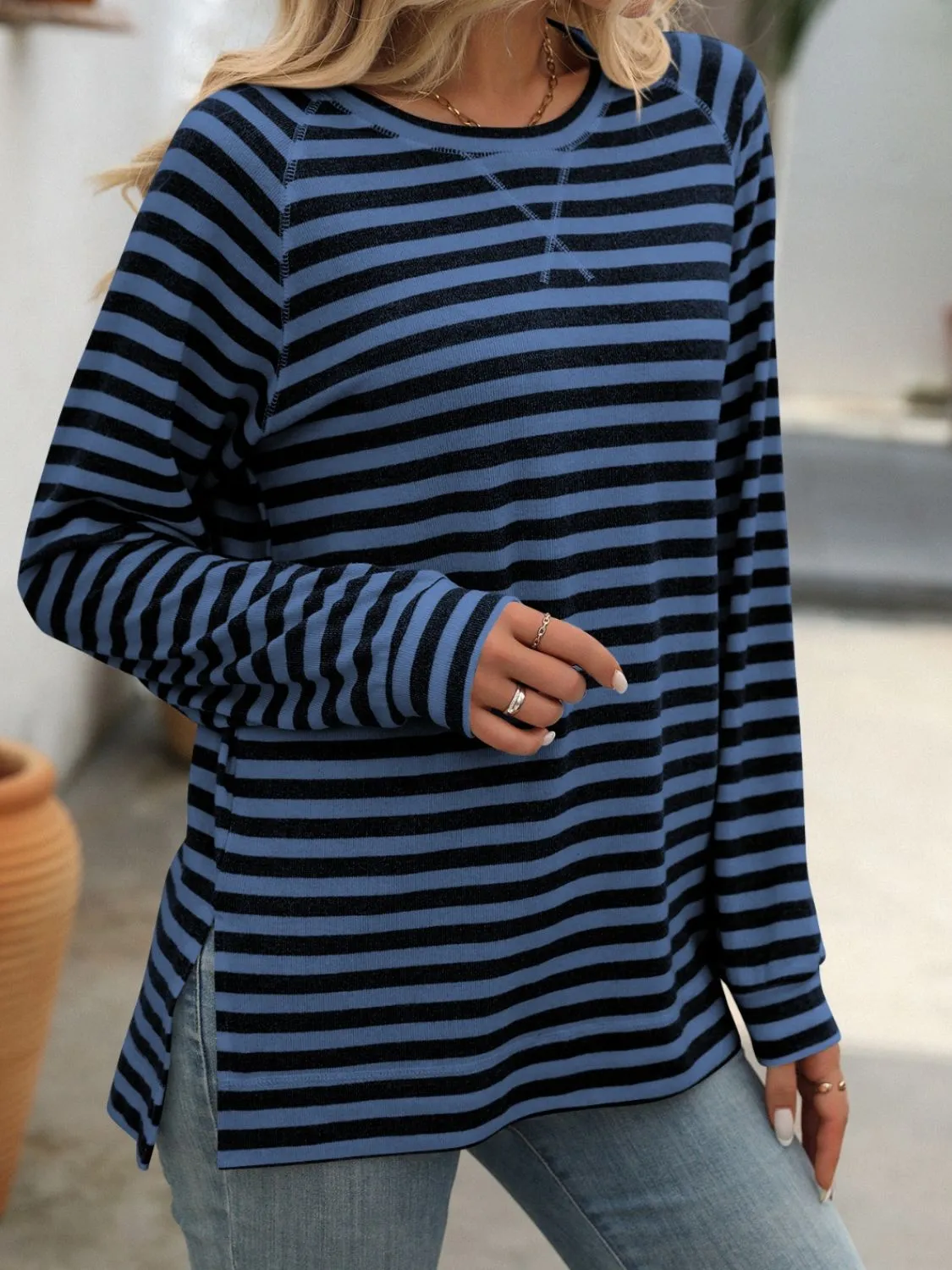 Carrie Striped Round Neck Long Sleeve T-Shirt