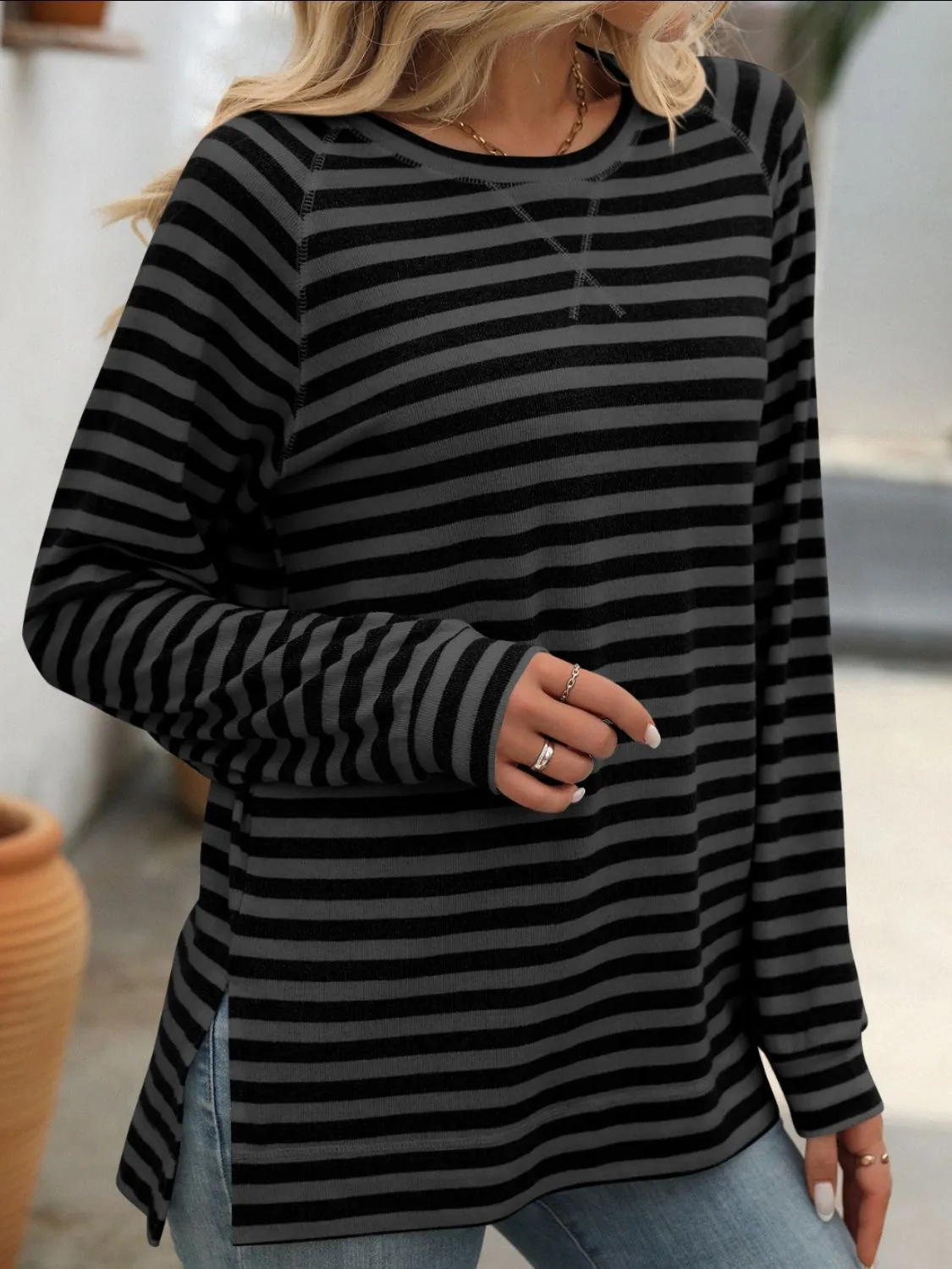 Carrie Striped Round Neck Long Sleeve T-Shirt