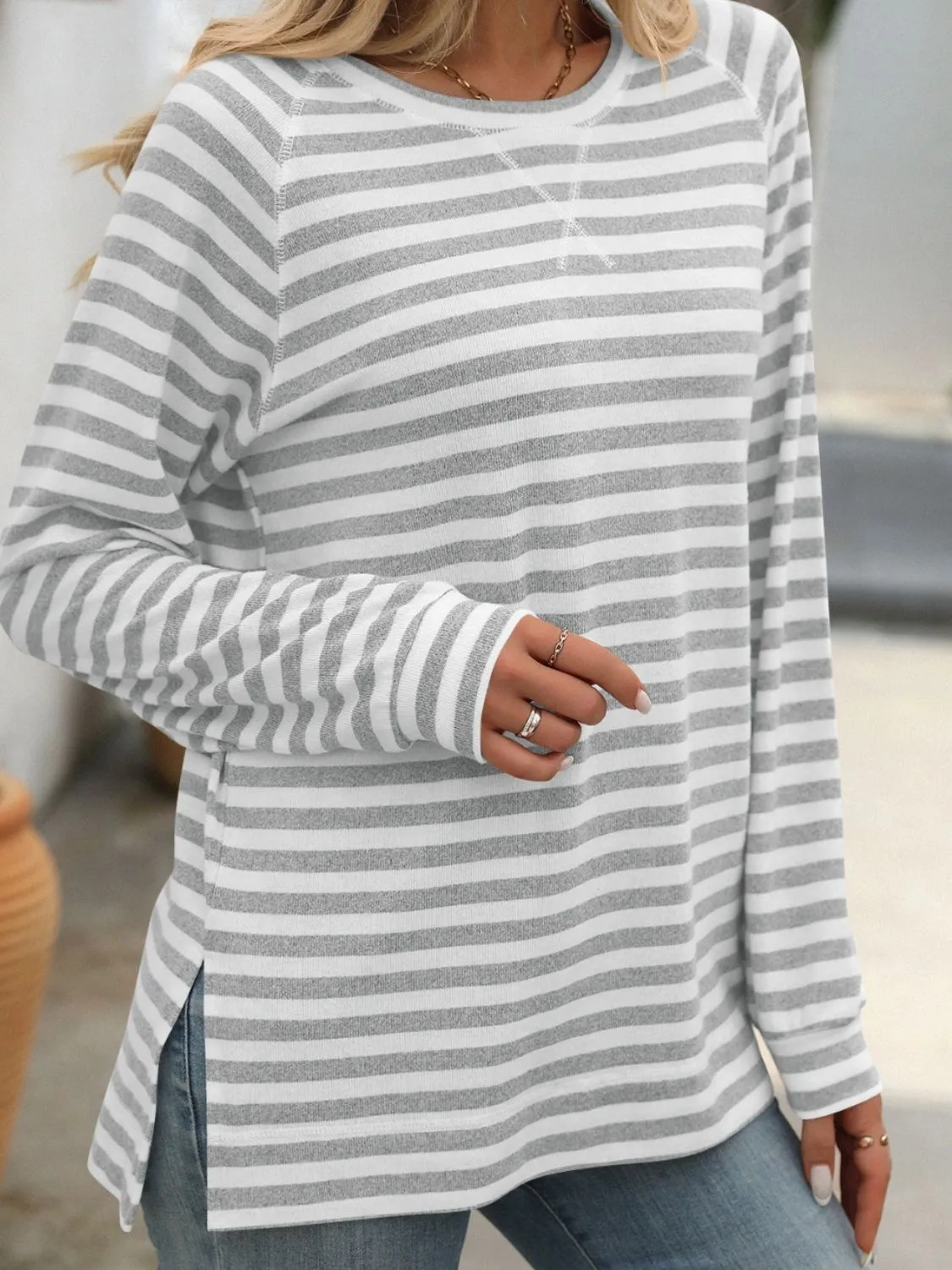 Carrie Striped Round Neck Long Sleeve T-Shirt