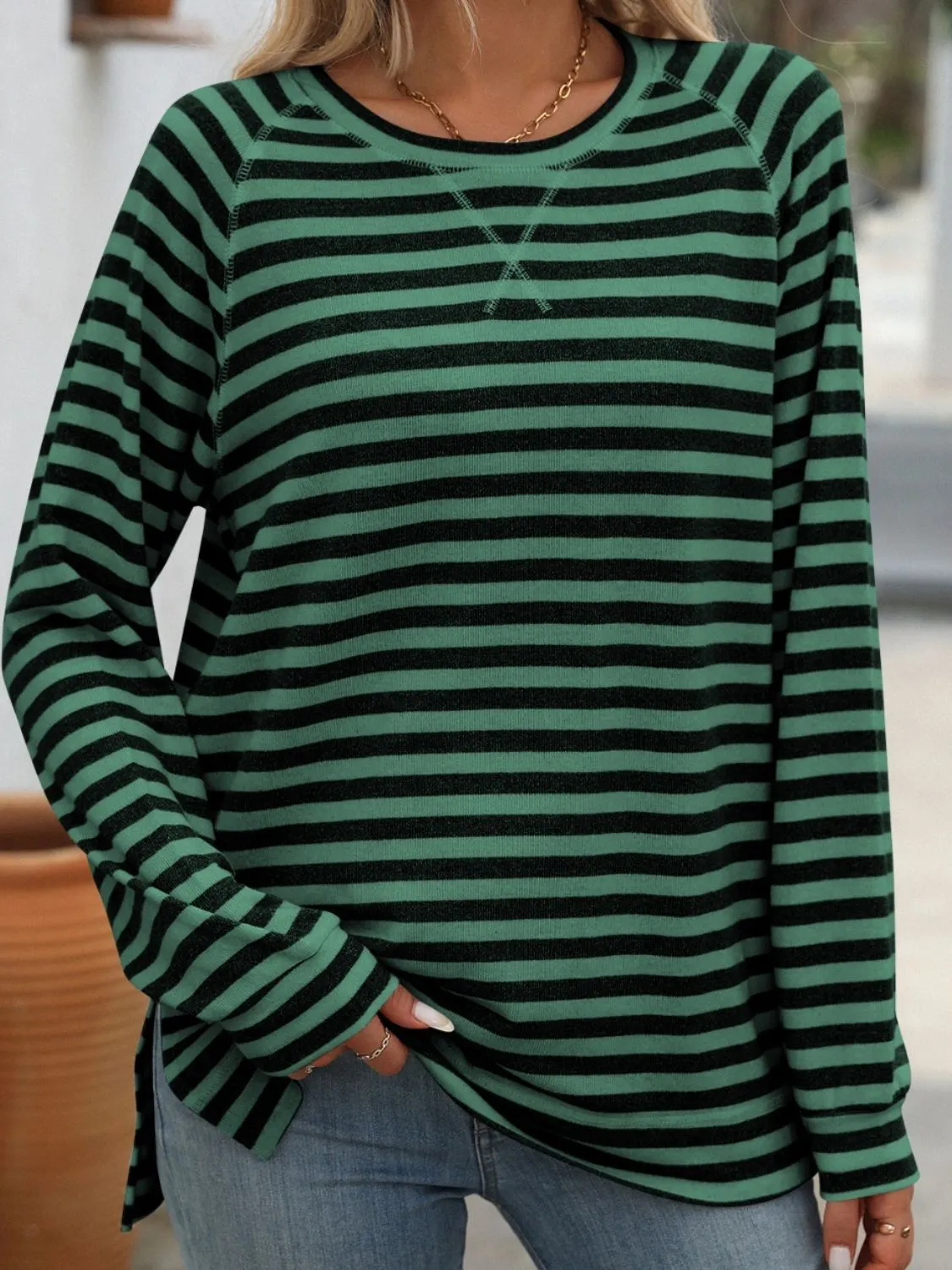 Carrie Striped Round Neck Long Sleeve T-Shirt