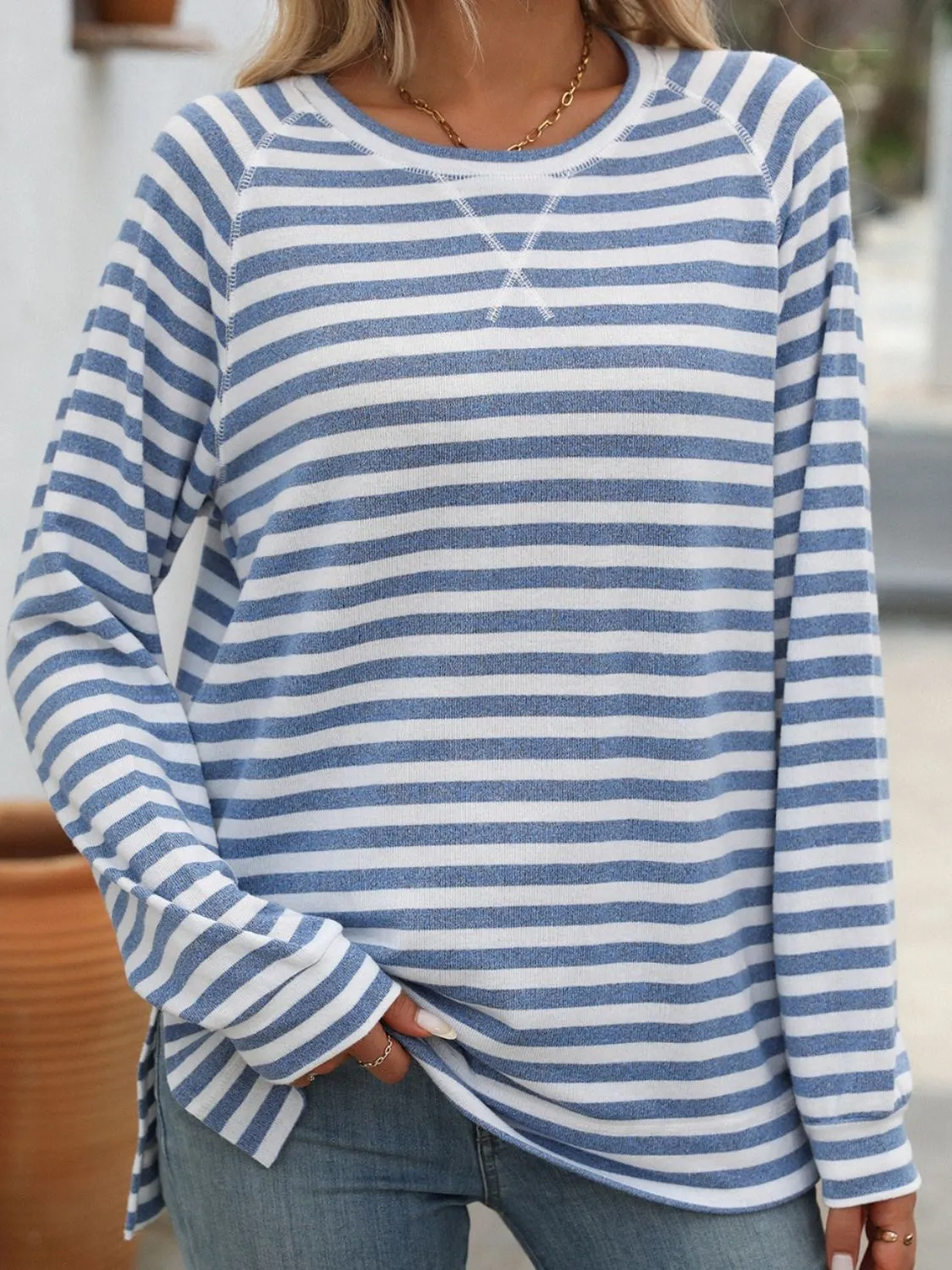 Carrie Striped Round Neck Long Sleeve T-Shirt