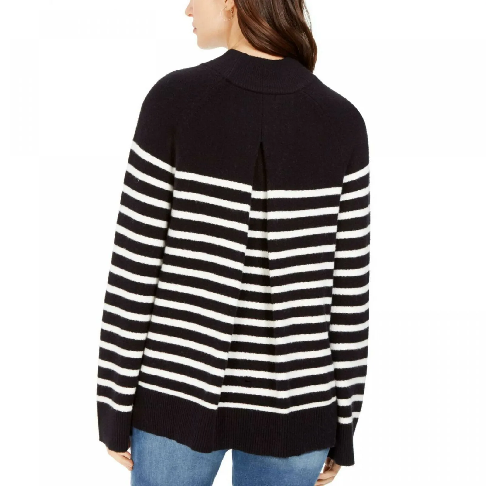 Charter Club Women's Petite Pleat Back Striped Mock Neck Sweater