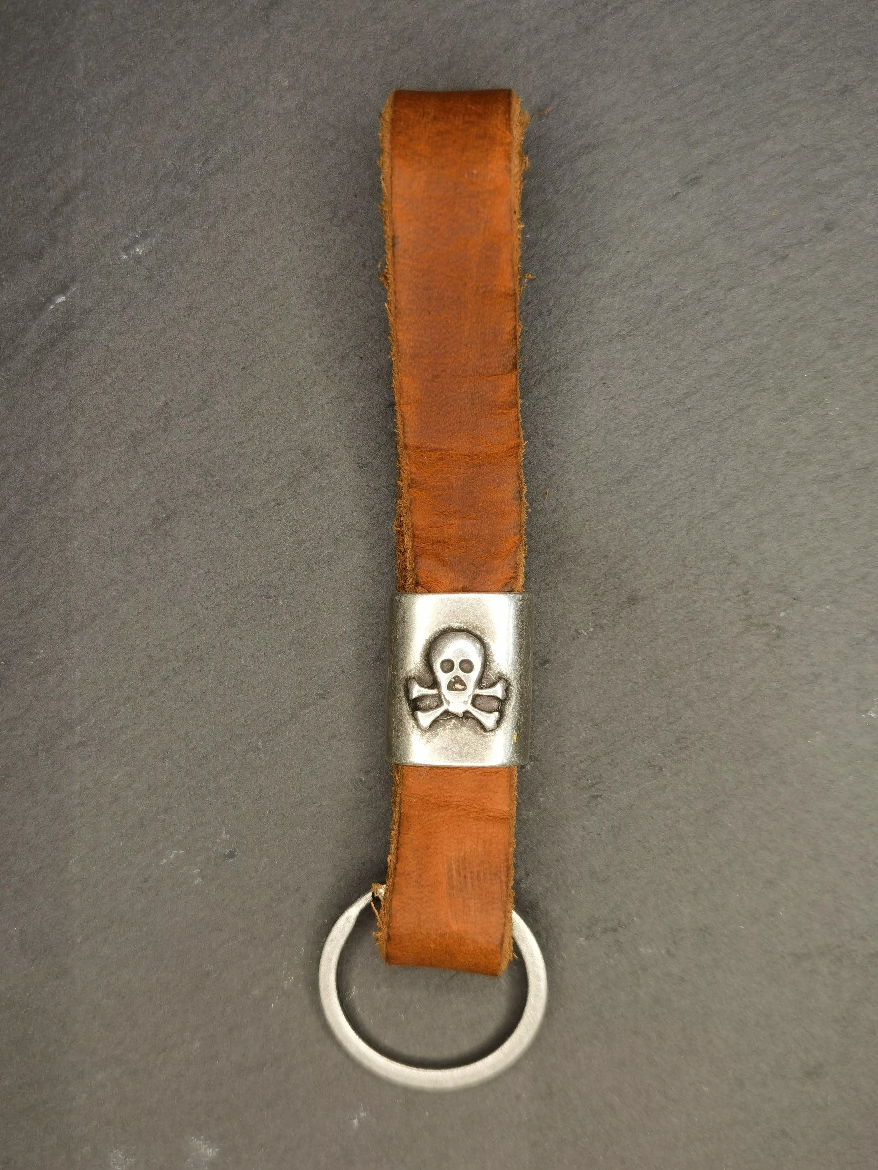 Cognac Leather Skull Keychain