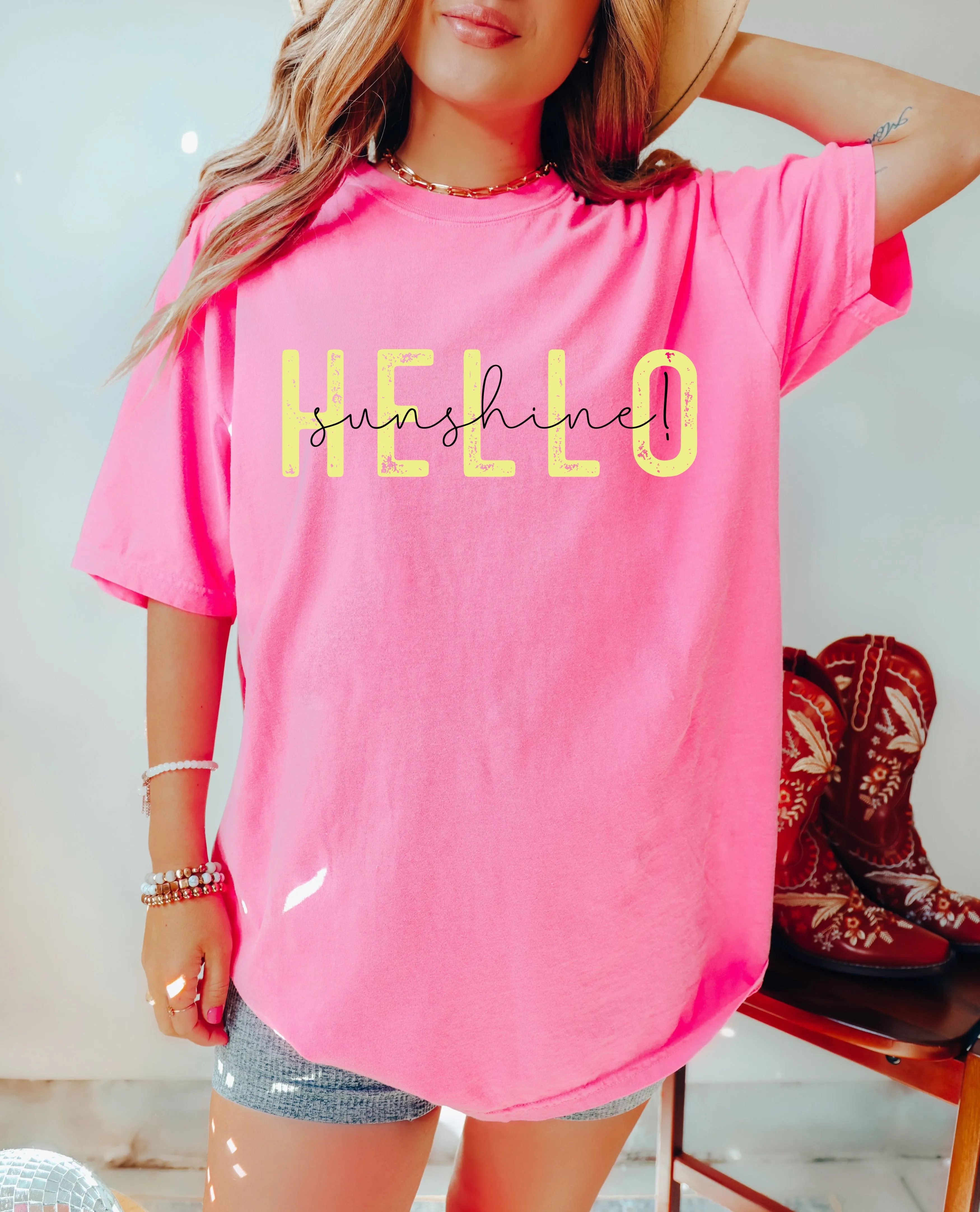 Comfort Colors Hello Sunshine Tee/ Summer Beach Cover Up Vacation Summer Tee