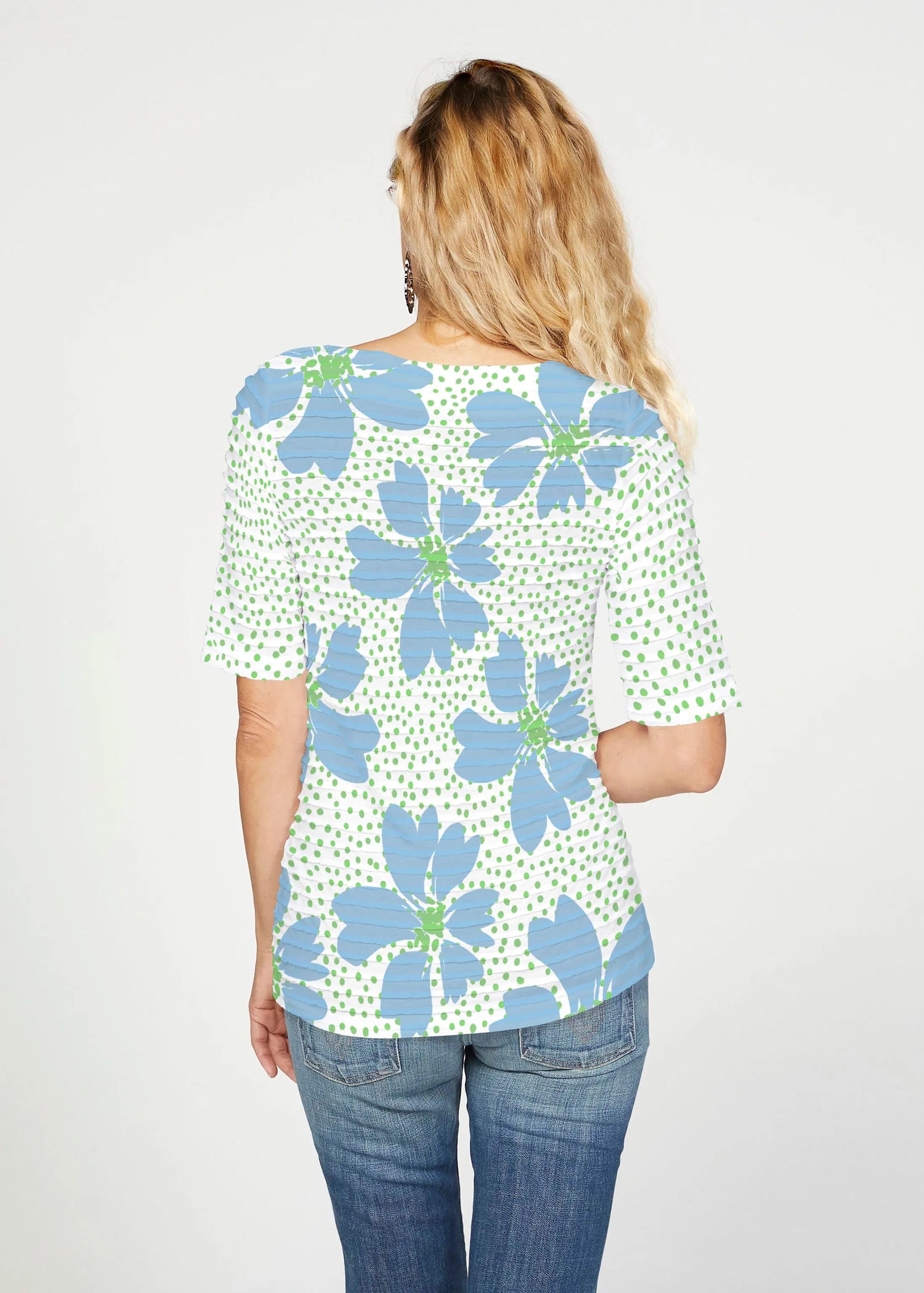Daisy Dots Blue (8081) ~ Banded Elbow Sleeve Boat Neck Top