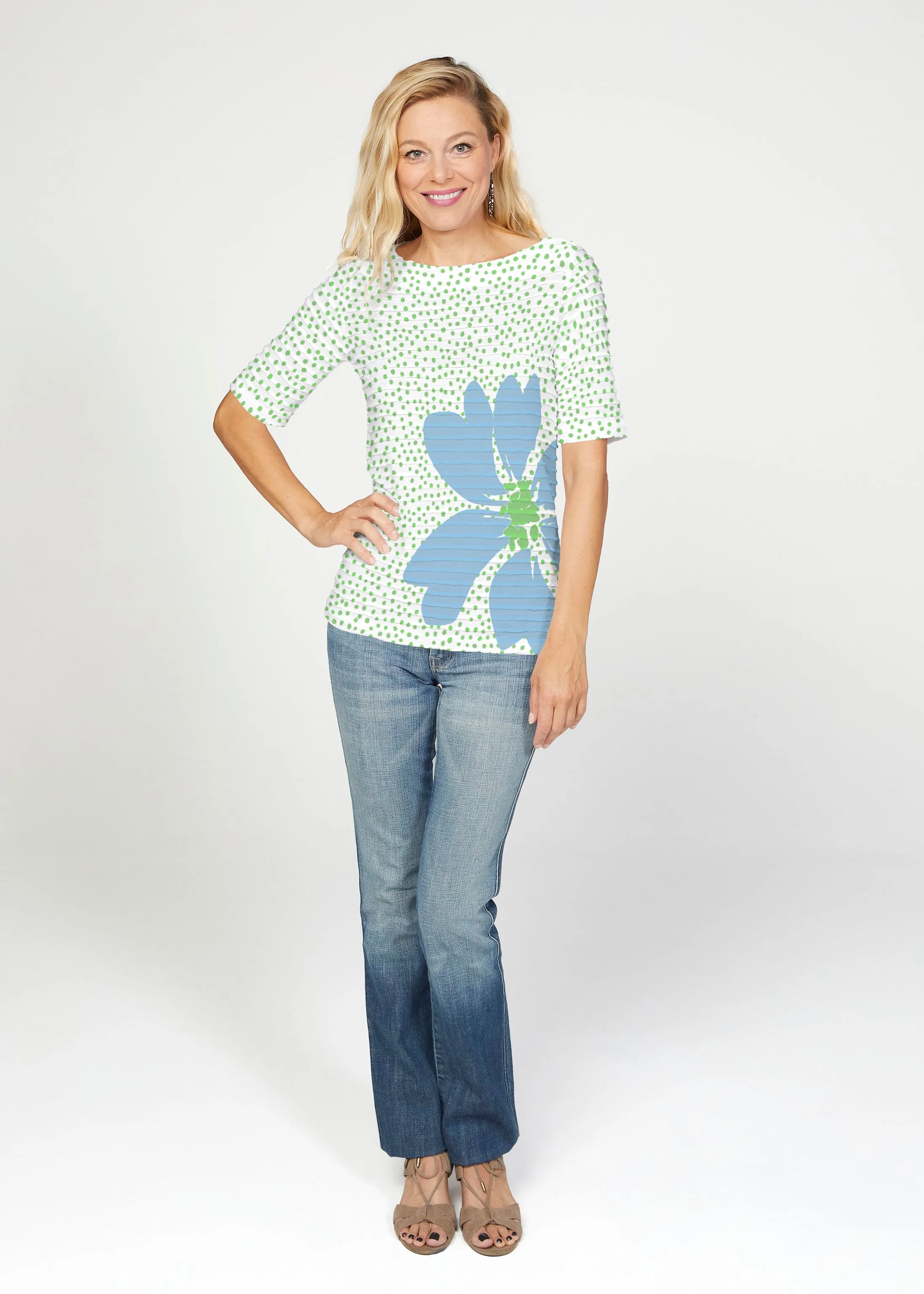 Daisy Dots Blue (8081) ~ Banded Elbow Sleeve Boat Neck Top