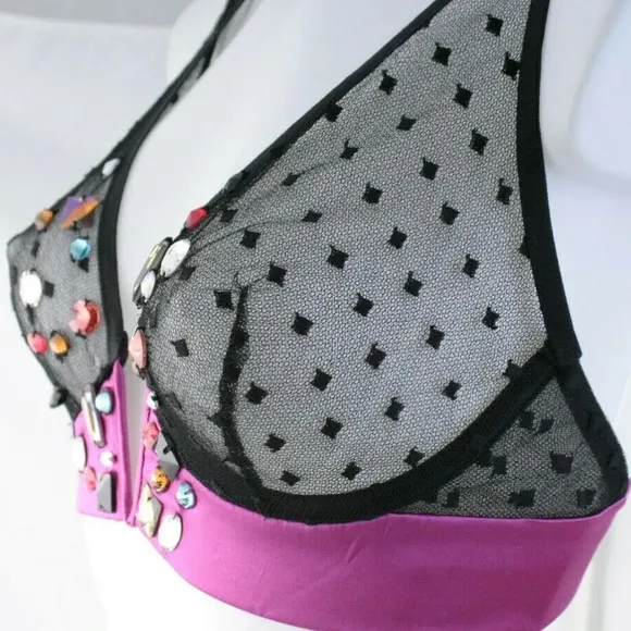Damaris Chiacchiere Black Silk Square Pattern MeshV-Plunge Jeweled PinkSatin Bra
