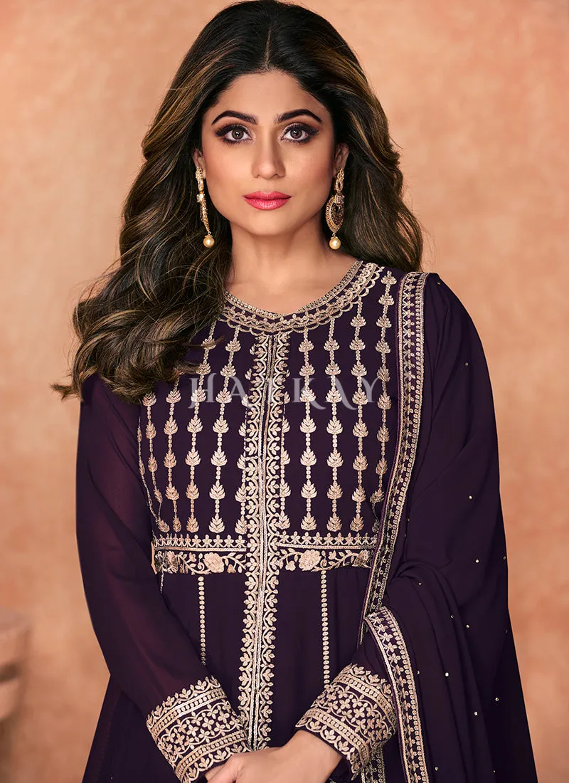 Deep Purple Embroidered Traditional Anarkali Lehenga Suit