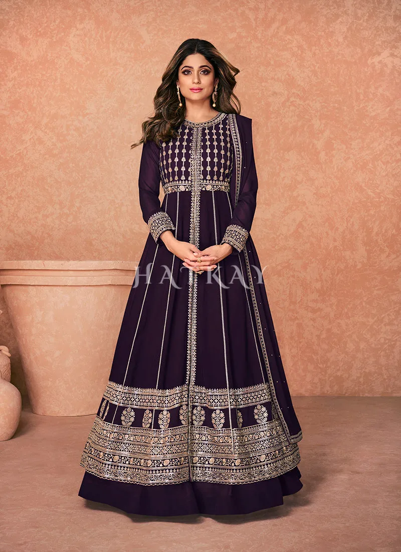 Deep Purple Embroidered Traditional Anarkali Lehenga Suit