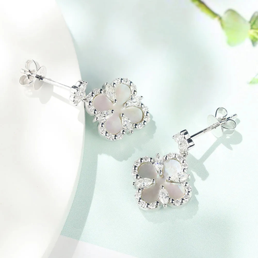 Diamond and Mother of Pearl Lucky Clover Dangle Earrings