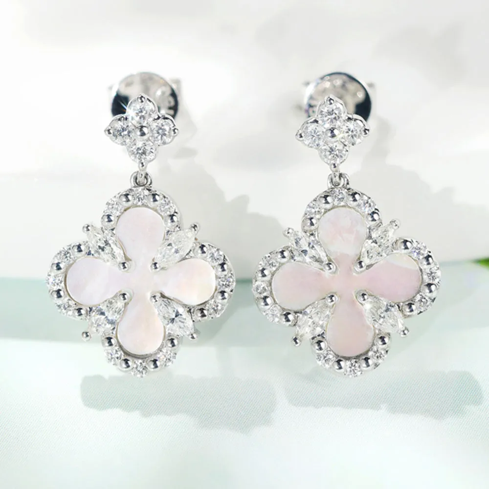 Diamond and Mother of Pearl Lucky Clover Dangle Earrings