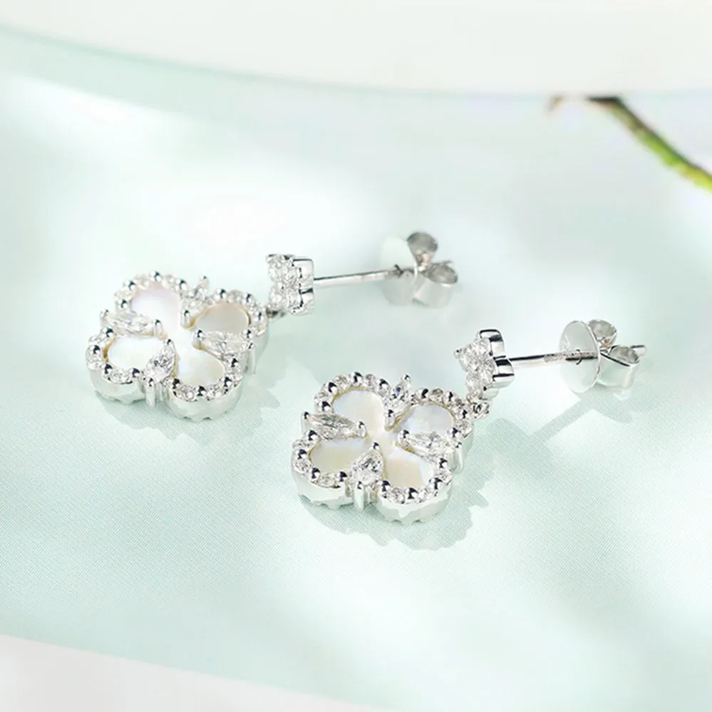 Diamond and Mother of Pearl Lucky Clover Dangle Earrings
