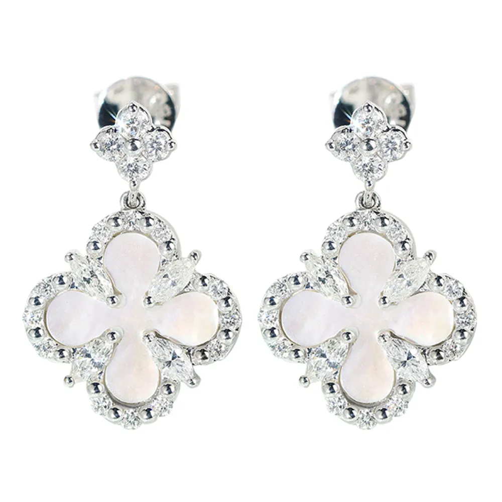 Diamond and Mother of Pearl Lucky Clover Dangle Earrings