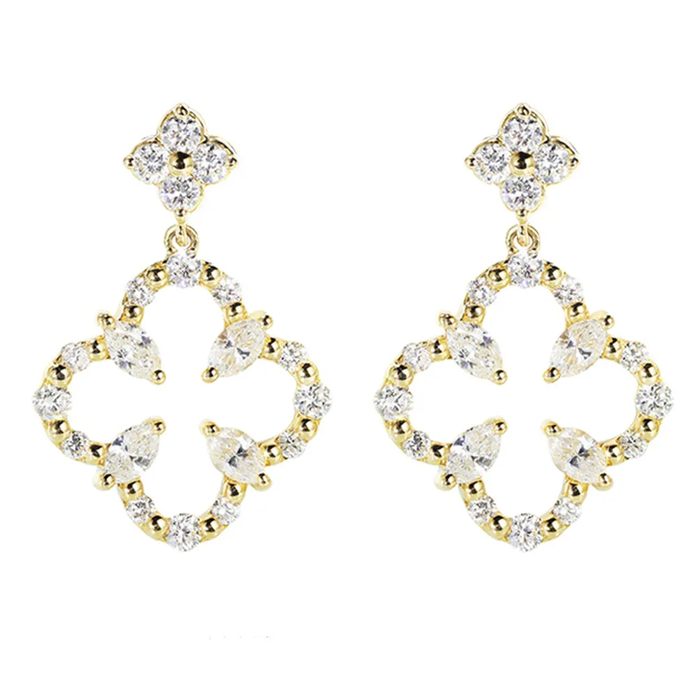 Diamond Four-Leaf Clover Dangle Drop Earrings