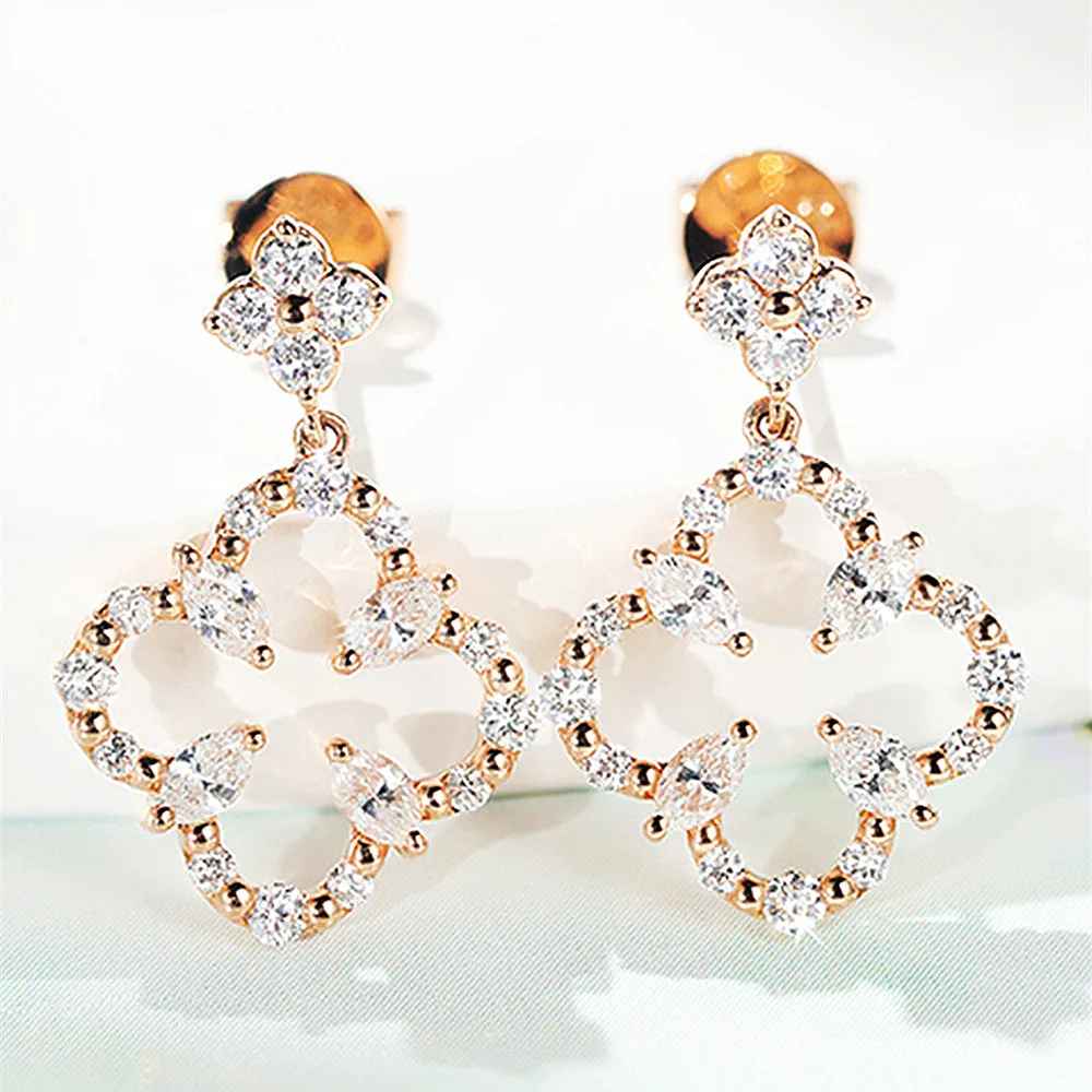 Diamond Four-Leaf Clover Dangle Drop Earrings