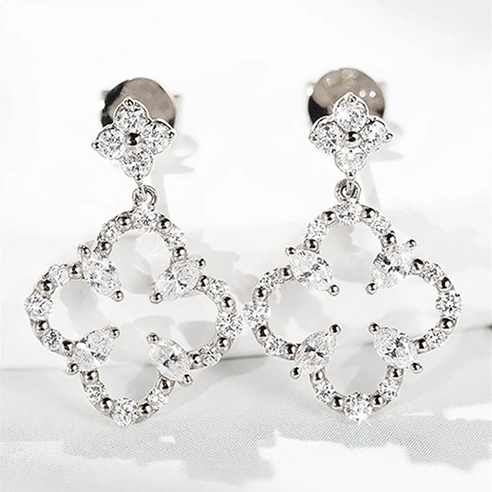 Diamond Four-Leaf Clover Dangle Drop Earrings