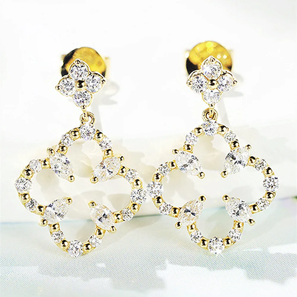 Diamond Four-Leaf Clover Dangle Drop Earrings