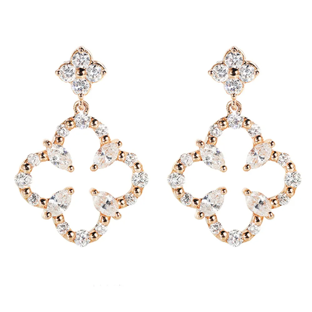 Diamond Four-Leaf Clover Dangle Drop Earrings
