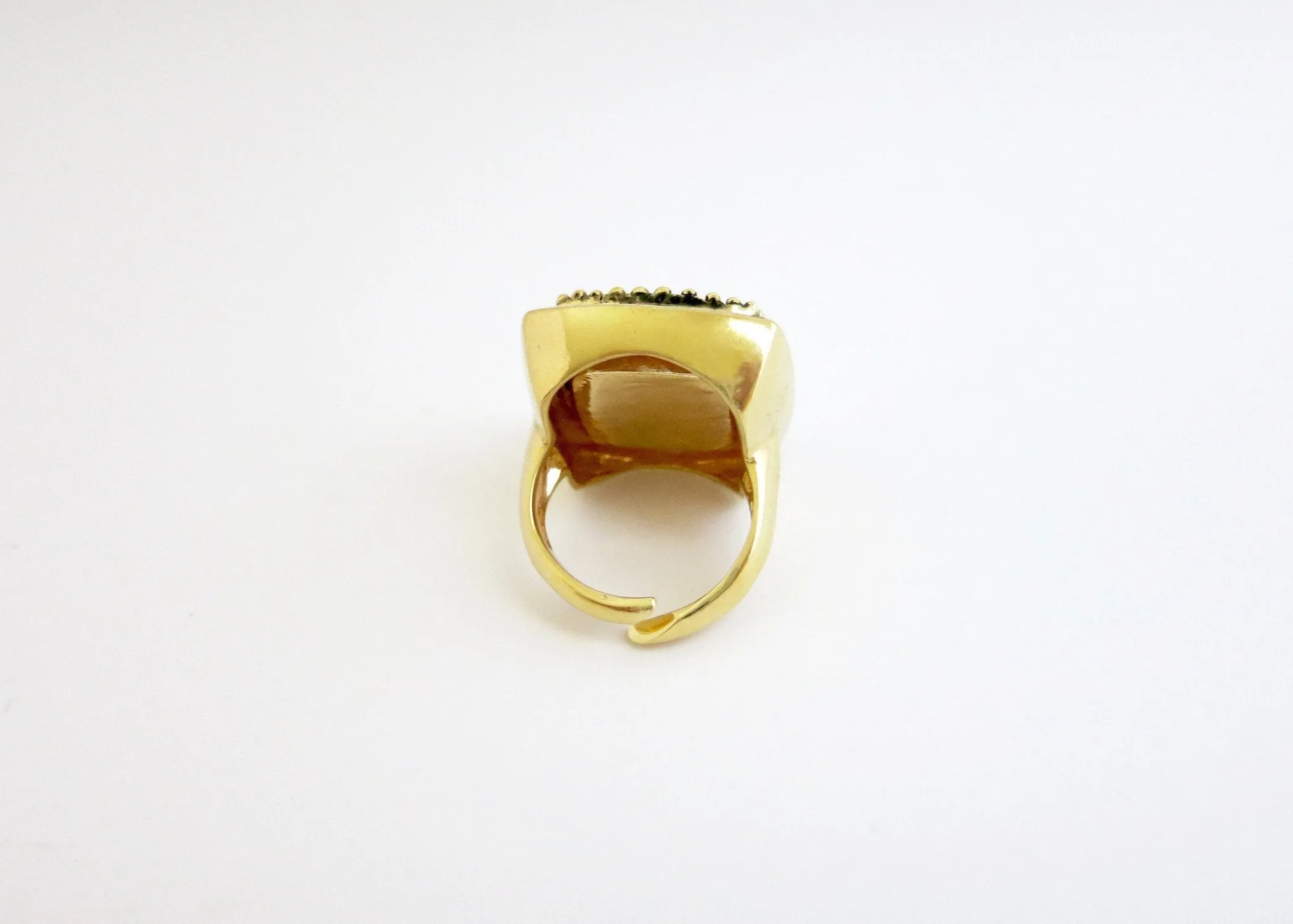 Dramatic, beaded texture, square, gold-plated brass locket ring
