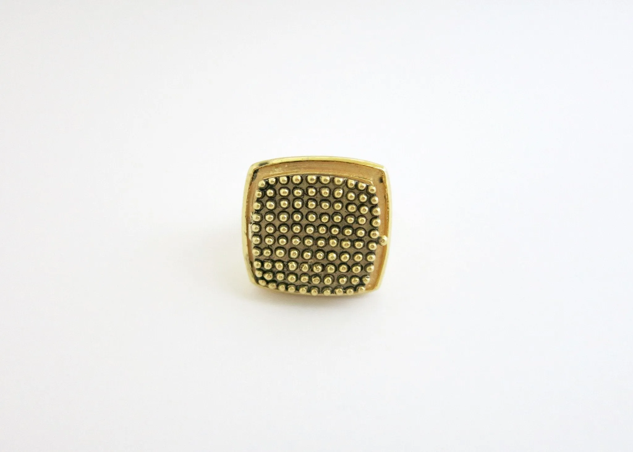 Dramatic, beaded texture, square, gold-plated brass locket ring