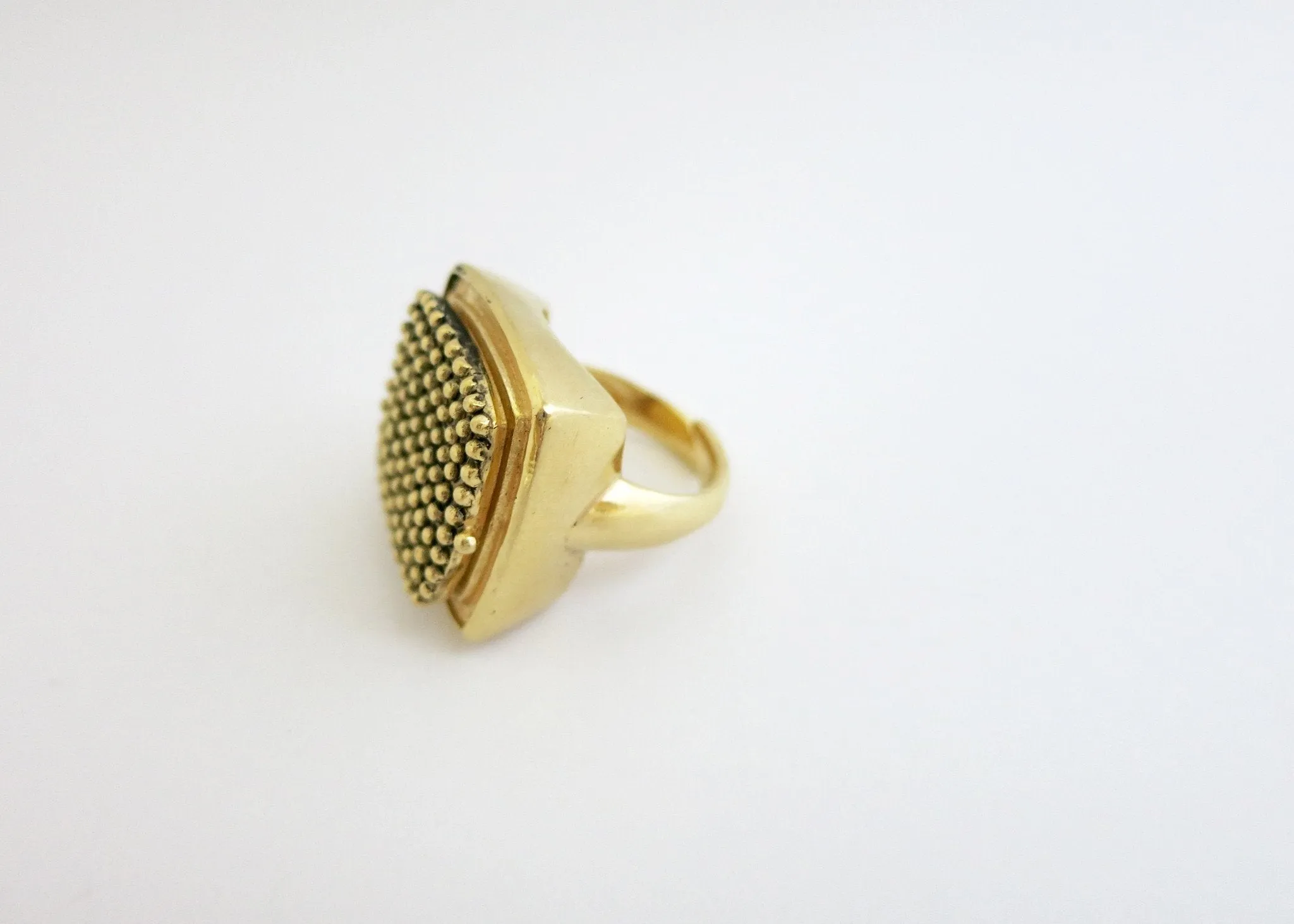 Dramatic, beaded texture, square, gold-plated brass locket ring